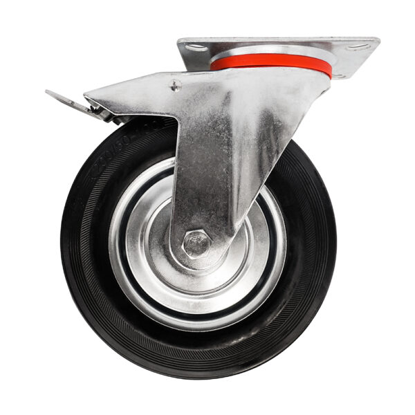 Koło przemysłowe stalowe 125 mm z hamulcem, pełna czarna guma, 100 kg