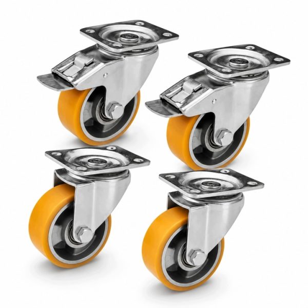 4x KOŁA TRANSPORTOWE 80MM POLIURETAN 800KG 2xHAMULEC 2xBEZ ŁOŻYSKO KULKOWE